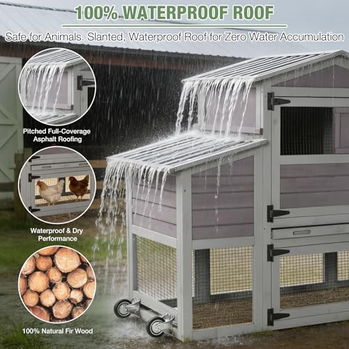 Image of Mobile Chicken Coop with Wheels for 4-6 Chickens, Large Wooden Hen House Expandable Duck Cage with Run, 2 Nesting Boxes, Easy Clean Pull-Out Tray, Waterproof Asphalt Roof (Grey)