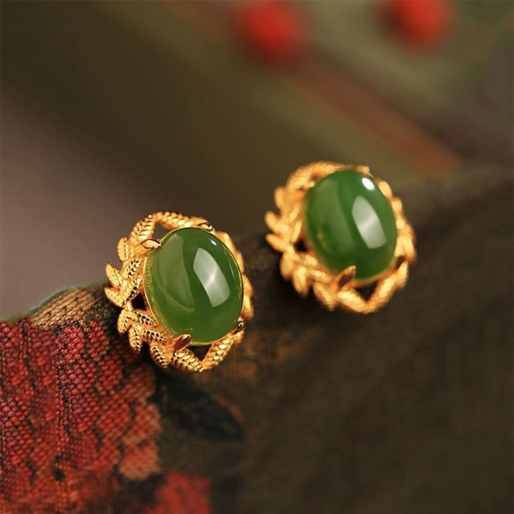 Gold Plated S925 Silver With Natural Hotan Jasper Oval Egg-Shaped Earrings for Women Yoga Genuine