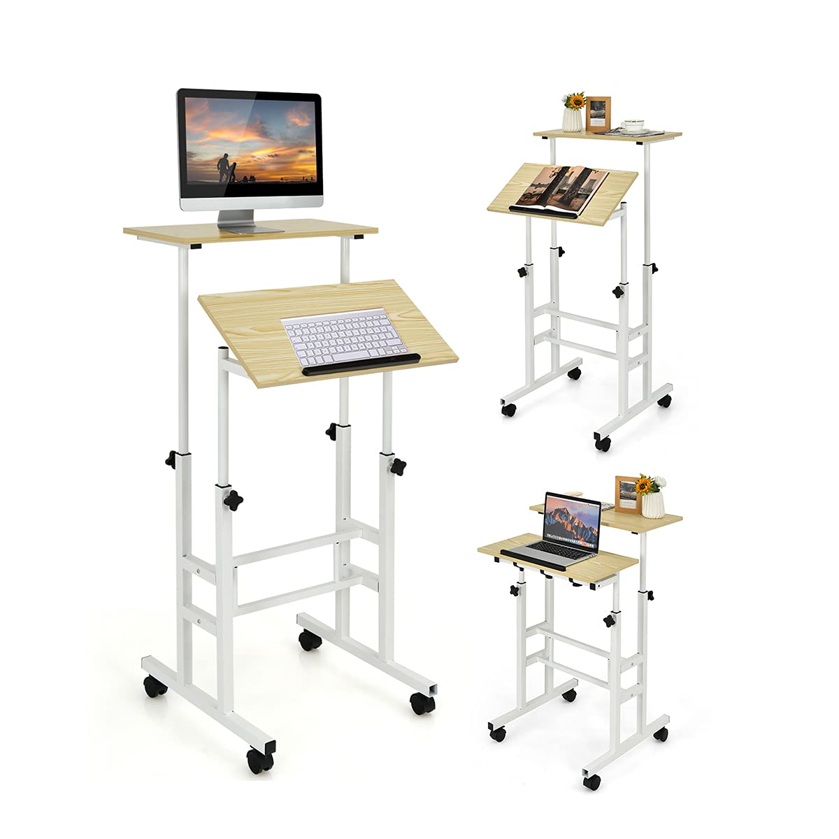 RELAX4LIFE Postazione di Lavoro per Computer, Tavolo Regolabile in Altezza con Ruote Girevoli, Scrivania in Struttura di Metallo con 2 Piattaforme Spaziose, 60 x 55 x (72-124) cm (naturale)