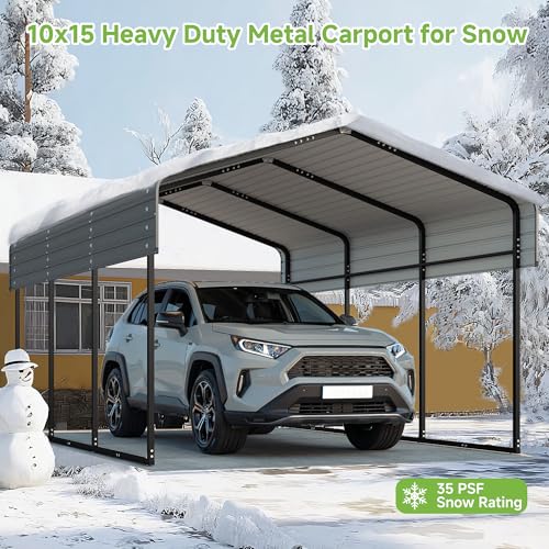 Image of Real Relax 10x15FT Heavy Duty Metal Carport, Outdoor Carport Canopy with Galvanized Steel Roof and Reinforced Base for All-Weather, Garage Shelter Shade for Trucks, Boats, Party, Gray
