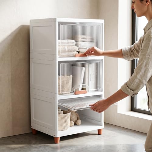 Image of VERAT 3 Tier Cupboard for Storage /Stackable Plastic Storage Cabinet /Foldable Wardrobe for Clothes /Multipurpose Storage Organizer /Closet for Bedroom /Living Room /Kitchen (Transparent & White)
