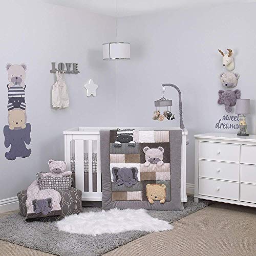 Nojo Play Day Pals Elephant/Bear/Lion/Zebra Animal 4 Piece Nursery Crib Bedding Set, Grey, Tan, Taupe, White #TOP1