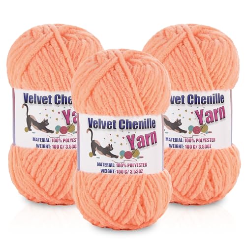 Image of 3 * 100g /3.5oz Fluffy Chenille Yarn for Crocheting, Chunky Velvet Yarn for Crochet Amigurumi, Used for Making Baby Yarns Blanket, Clothes, Pattern Knitting Creations (Apricot Color)
