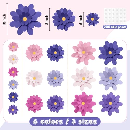 Image of MotiMind 18 Pcs Paper Flowers Bulletin Board Decorations DIY 3D Paper Floral for Wall Classroom Back to School Birthday Party Flower Backdrop Decoration Photo Backdrop(Pink Purple Series,6 inch 8 inch 10 inch)