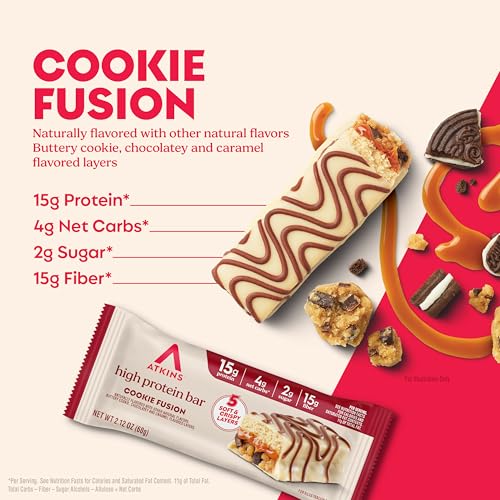 Image of Atkins High Protein Bars, Cookie Fusion Flavor, 15g of Protein, 4g Net Carbs, Keto Protein Bars, Low Sugar, 4 Count