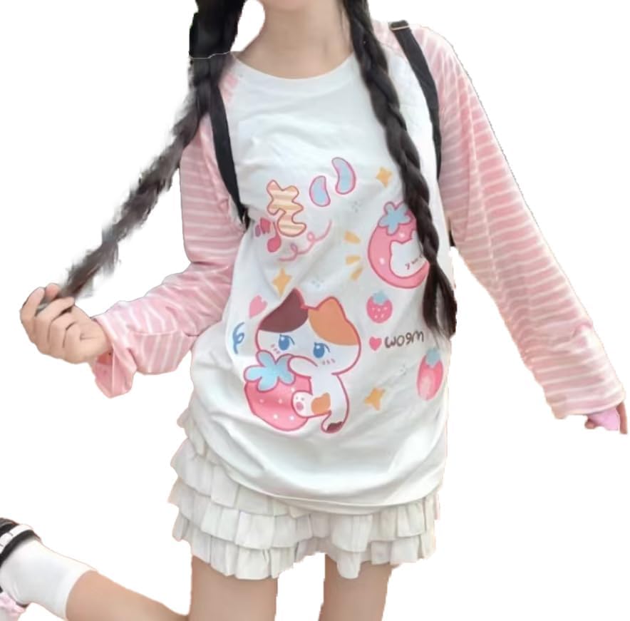 GOTHPICKUS Womens Y2k Cute Graphic Sweatshirts Harajuku Kawaii Striped Sweatshirt Patchwork Cartoon Casual T-Shirts