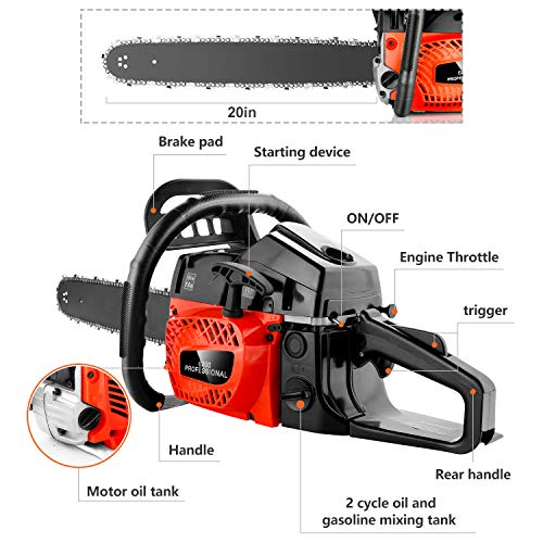 62CC 20_Inch Gas Chainsaws, 3.5HP Guide Board Chainsaw Gasoline Powered Handheld Cordless Petrol Gasoline Chain Saw Chainsaw for Farm, Garden and Ranch (Red Black)