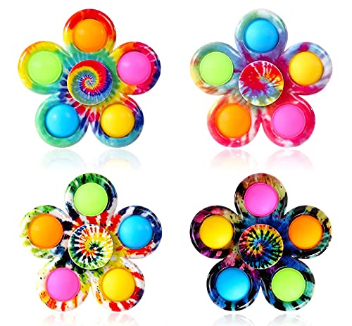 4 Pack Tie Dye Fidget Spinners with Pop Bubbles, Flower Autism Fidget Toys Fidget Party Favors Sensory Fidget Novelty Gift for Kids and Adults, Made Stress Relief