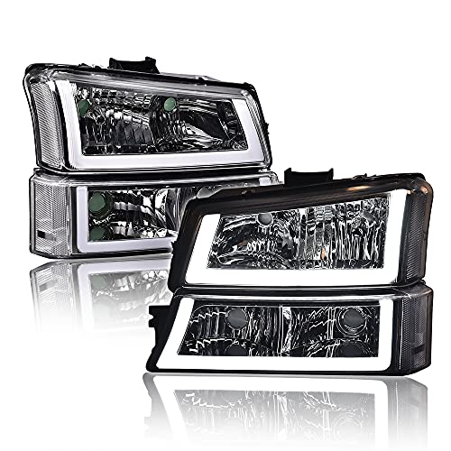 CNNELL Upgraded Headlight Assembly LED DRL Compatible with Chevy Avalanche 2003 2004 2005 2006 Silverado 1500 2500 3500 1500HD 2500HD 2003-2007 (LED U Clear lens Chrome Housing Clear Reflector)