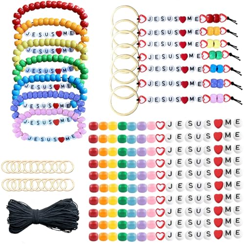 KnvsS Religious Jesus Loves Me Bead Wristband Keychain DIY Crafts Making Kit with Inspirational Letter Heart Shape Beads for VBS Week Sunday School Christian Gifts (Jesus Love Me, Colorful)