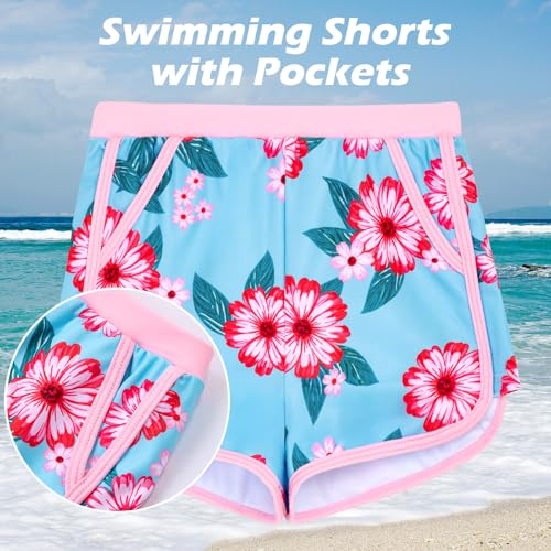 HOZIY Girls One Piece Swimsuits Two Piece Long Sleeve Rash Guard Sets Modest Bathing Suits with Shorts Little Kids UPF 50+ Swimming Suits Size 6-7 Pink Floral — view 3