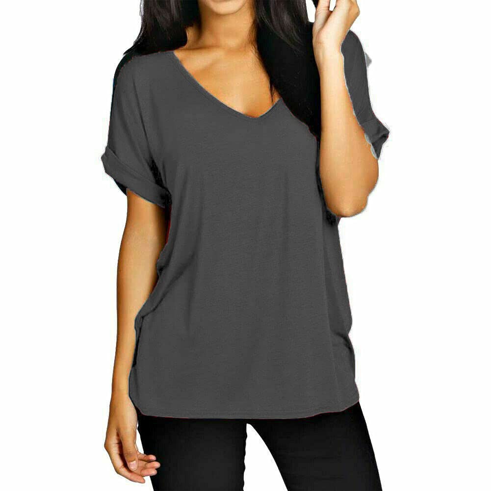 Fairy Boutique Women's Charcoal Turn Up Sleeve V Neck T Shirt Oversized Baggy Batwing Top Plus Size T Shirt( Uk 12-14)