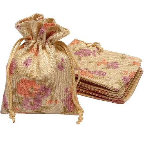 LifeKrafts Linen Pouches Christmas & Party Gift Bag,Gifts Bags for Return Gifts Bags,Size-7 * 8 inches(17.5x20 cms) Purple Floral Pack of 10.