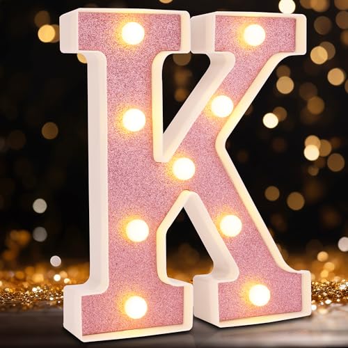 Image of Small Led Marquee Letters, Light Up Letters, 8.58 Inch Led Letter Lights, Battery Powered Lighted Sign for Table, Party, Birthday, Christmas Decor (Pink Glitter, Letter K)