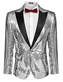 COOFANDY Shiny Sequins Suit Jacket Blazer One Button Tuxedo for Party,Wedding,Banquet,Prom,Nightclub,Silver Grey,Large