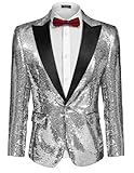 COOFANDY Shiny Sequins Suit Jacket Blazer One Button Tuxedo for Party,Wedding,Banquet,Prom,Nightclub,Silver Grey,X-Large