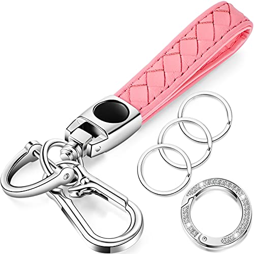 Leather Car Keychain Universal Key Fob Keychain Metal Key Chain Holder Rotatable Anti-lost Car Accessories with Glitter Rhinestone Keychain Ring, Screwdriver for Men and Women (Pink)