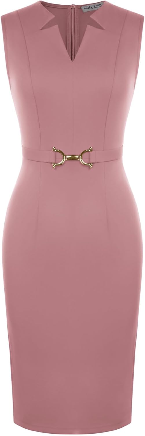 GRACE KARIN Work Dresses for Women 2026,V Neck Business Office Bodyon Dress,Sleeveless Pencil Semi Formal Midi Dress