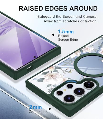 Image of VONZEE Compatible with Samsung Galaxy S25 Ultra 5G Case Luxury Retro Flowers Floral Clear for Magnetic Wireless Charging Case Shockproof Case PC+TPU Cute Glossy Shiny Cover for Girls Women, Green