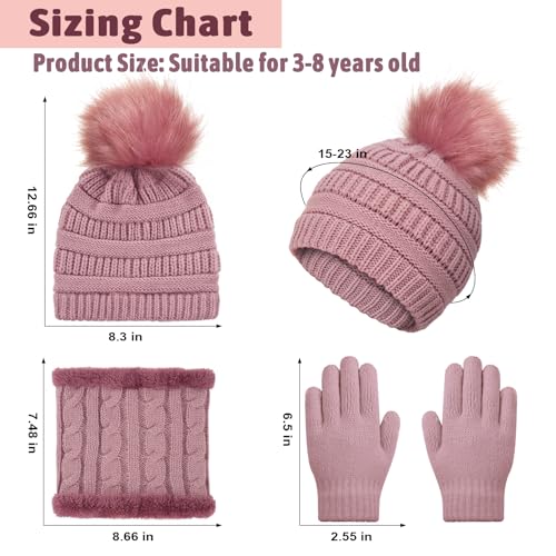 Image of Kids Winter Beanie Hat Scarf Gloves Set for 3-8 Years Old Boys Girls, Thick Warm Knitted Hat Gloves Fleece Lined Scarf Set