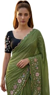 LOROFY Women’s Silk Blend Sequin Work Saree with Temple Border & Unstitched Blouse Piece (BhungliE_Free Size) Price In India