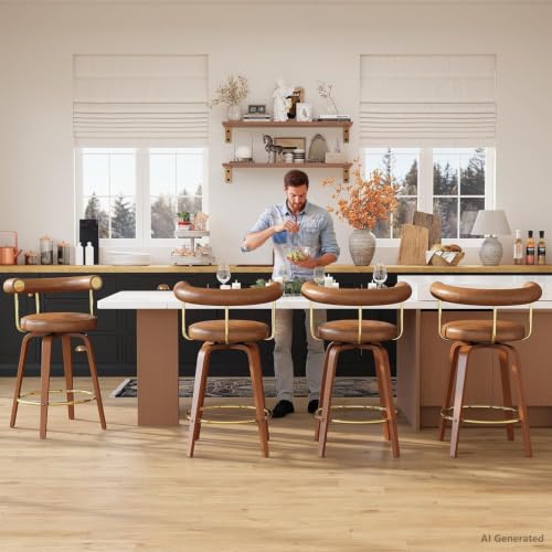 Image of Swivel Bar Stools Set of 4, 26 inch Counter Height Bar Chair, Barstools (Brown) | TYBOATLE, Mid-Century Modern, Faux Leather, Bent Wooden Legs, Golden Footrests, Island, Kitchen