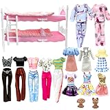 Dolls Clothes and Accessories, Bunk Bed Playset, 2 Pajamas, 2 Fashion Dresses, 2 Clothing Outfits, Bedroome Set for 11.5 inch Dolls, with 2 Blankets