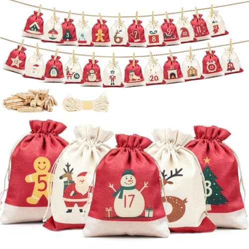 Inreeme Calendario de Adviento de Tela para Rellenar- 18x13 cm Bolsas de Adviento para Autorrellenar 2025, 24 Piezas DIY Bolsas de Yute Reutilizables Calendario Navideño para Niños Niñas Adultos