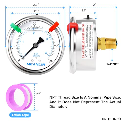 Image of MEANLIN MEASURE 0~60Psi Liquid Filled Pressure Gauge 1 /4 inch NPT 2.5 inch FACE DIAL Stainless Steel Glycerin Filled WOG Water Oil Air Back Mount (with 2PCS Snaps)