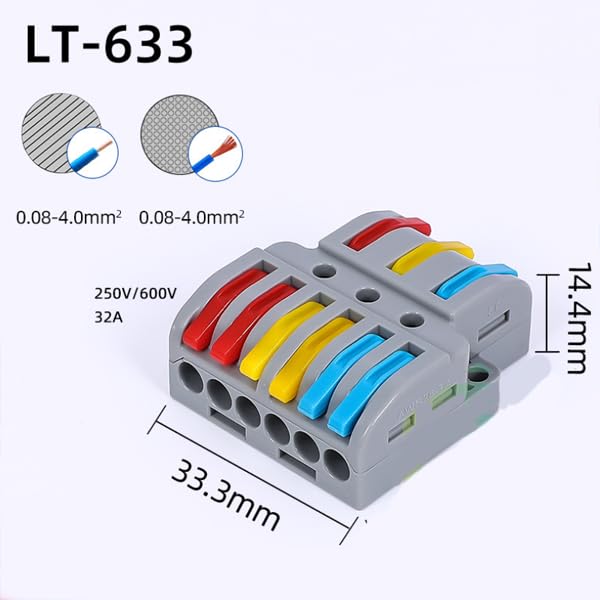 Image of ROBOWAY 12Pcs LT-633 Lever Wire Connector, 3 In 6 Out Quick Wiring Cable Terminal Block for 24-12 AWG Wires, Compact Splicing Connector with Durable Design, Easy Reusable Wiring Terminal (Pack of 12)