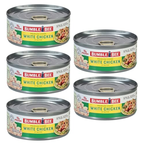 Bumble Bee Premium White Chicken, Chunk in Water, 5 oz Can - 13g Protein per Serving - Gluten Free, Keto Friendly - Great for Snack, Lunch or Dinner Recipes (Pack of 5)