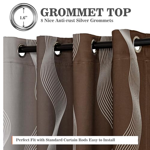 Image of MYSKY HOME Brown and Greyish White 95% Blackout Ombre Geometric Curtains 96 inch Long 2 Panels Set for Living /Dining Room Kids Room Thermal Insulated Wave Line Foil Print Design Grommet Drapes, 52 inch W