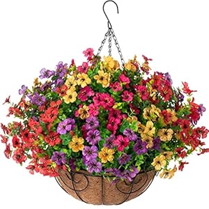Artificial Faux Hanging Plants Flowers Basket for Summer Outdoor Outside Decoration, Fake Silk UV Sun Resistant Look Real Colorful Daisy Eucalyptus for Porch Home Patio Balcony Yard