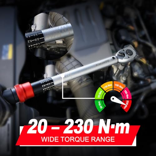 DANGKIY Drehmomentschlüssel 1/2 Zoll für Auto, 20–230 Nm, Torque Wrench 5-tlg. Set mit Verlängerung & Stecknüssen (17/19/21 mm) – für Reifenwechsel & Motorrad