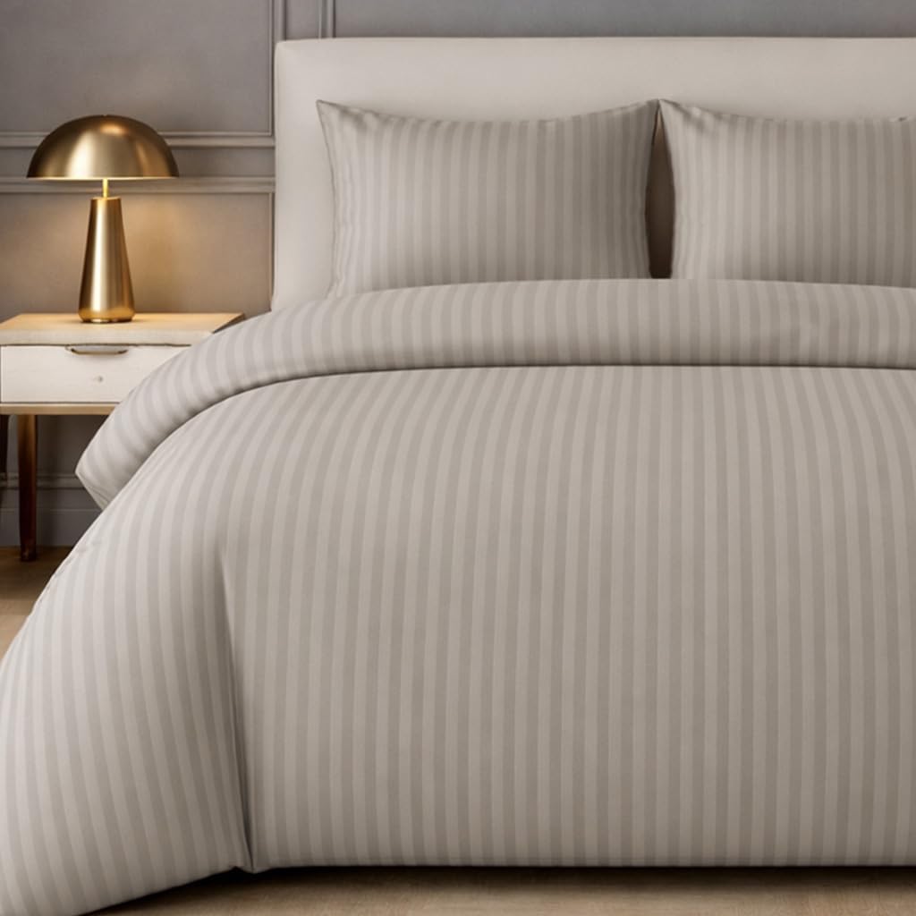 Lazzaro Home Feel The Difference Taupe Lazzaro Satin Stripe Single Duvet Cover Set - Premium Hotel Quality Quilt Cover Single Bedding Set 2 Pcs - Ultra Soft Hypoallergenic Duvet Cover Single With Zipper Closure