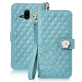 SZJAMIE らくらくスマートフォン F-52B ケース 手帳型 F52B 手帳型ケース 薔薇刺繍 おしゃれ カメリア花柄 スマホケース 女性向け 上品 高級レザー 軽量 可愛い 手触り 耐衝撃 防水 カード収納 財布型 横置きスタンド機能 全面保護 ストラップホール付き (らくらくスマートフォン F-52B 対応, ブルー)