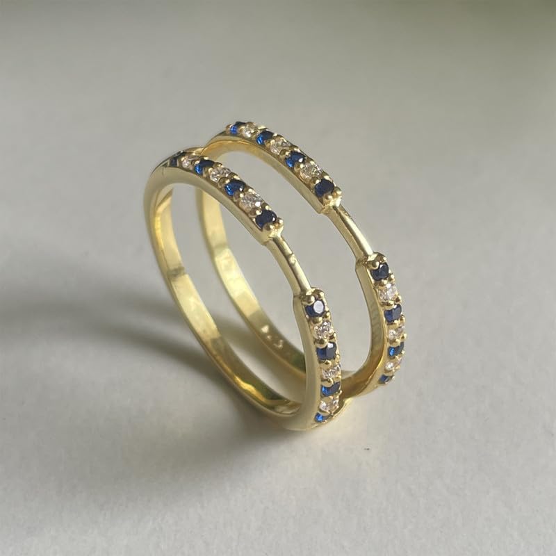 Blue Sapphire & White Diamond Enhancer Guard For Women, 14k Gold Plated Silver September Birthstone Sapphire Wrap Ring, Enhancer Ring Guard