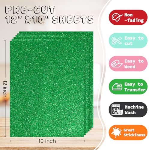Image of 3D Puff Glitter HTV, 6-Pack 12 inchx10 inch Sheets. Iron-On Vinyl for Fabrics, Compatible with Cricut & Cameo for Easy DIY T-Shirts & Crafts(Green Glitter Puff, 12 inch x 10 inch)