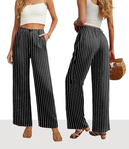 Image of Feiersi Womens Casual Wide Leg Pants High Waisted Button Down Straight Long Trousers Palazzo Pants