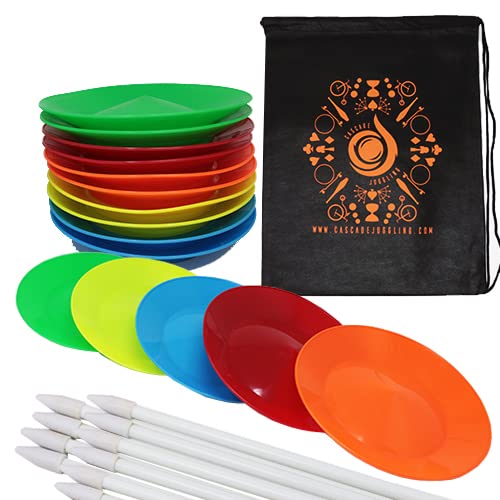 Cascade Juggling Set of 10 Cascade Spinning Plates and Sticks - Flexi Kid's Plate Spinning Party/ Workshop Set - Includes Cascade Carry Bag, Yellow