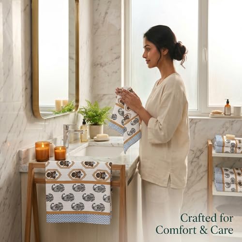 Image of Mafatlal Madhuban Waffle Cotton Set (1 Bath 147x76 cm + 2 Hand 76x38 cm) | 250 GSM | Soft, Absorbent & Hand Printed | Caribou Color