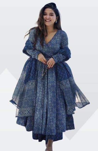 Women's Plus Size Floral Print Tiered Maxi Dress, Navy Blue Cotton, V-Neck, Bell Sleeves, Boho Style-picture-43