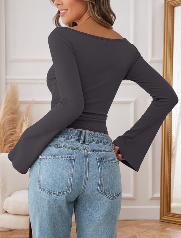 Elegancka damska koszulka z długim rękawem, dekolt w łódkę, z rękawami z dzwoneczkami, wąski top Y2K, basic, luźny sweter, slim fit, długi rękaw, jednokolorowa, z długim rękawem, na jesień