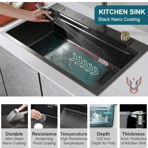 Image of Kitchen Sink 304 Grade Anti Scratch Design with Integrated Waterfall and Pull-Down Faucet Set and All Accessories (All in One (24X18X9))