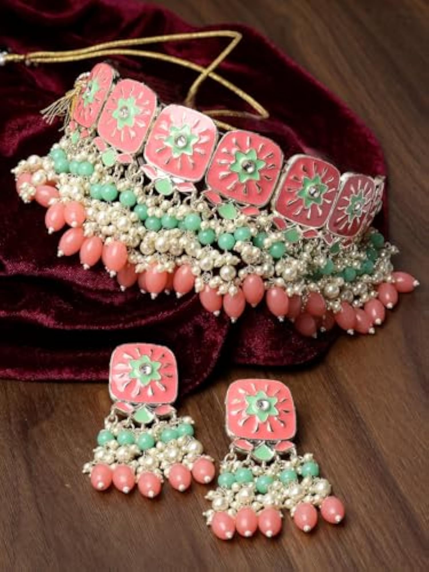 Enamel Multicolor Choker Necklace Set with Earrings