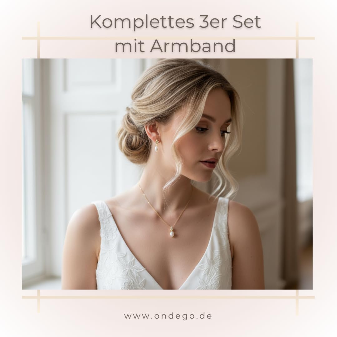 GOLD 3er PERLEN Set Zirkonia Strass Schmuck Kette Schmuckset Armband Kommunion Ball Abiball Hochzeit Brautschmuck