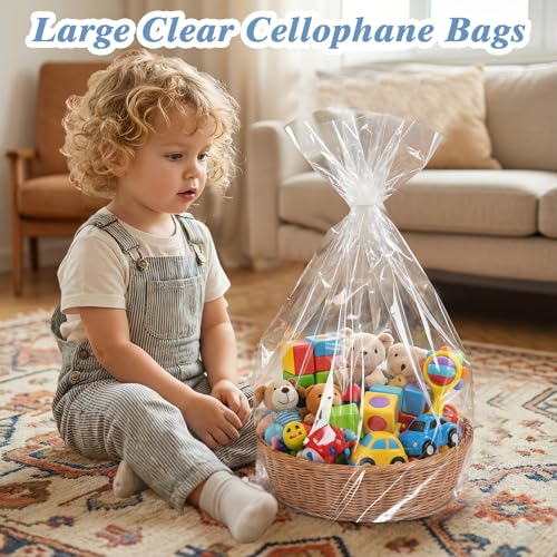 Image of woric 12Pcs Clear Cellophane Gift Bags 24x30 Inch | OPP Cellophane Wrap for Gift Baskets Graduation Gifts Baby Bridal Shower Stuffed Animal Candy(Ribbon not included)