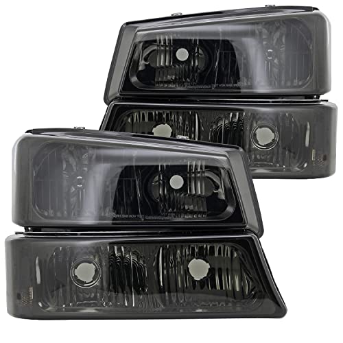 Spec-D Tuning Headlight Smoke + Bumper Lights Lamps W/Clear Reflector Compatible with Chevy Silverado 2003-2007 L+R Pair Assembly