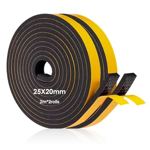 Cinta adhesiva de espuma autoadhesiva 25mm (W) x 20mm(T) para Sellado de Puertas y Ventanas, Burlete Aislante Acústico y Térmico,Resistente a Golpes y Condiciones Climáticas, 4 Metros en Total