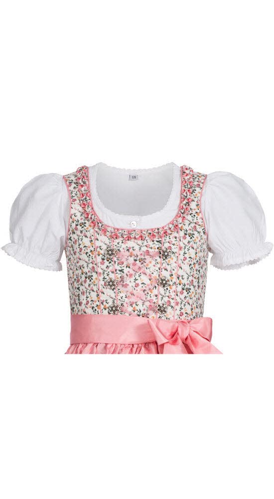Nübler Dirndl Mädchen NINA - 3-teiliges Set mit Dirndlkleid, Trachtenbluse & Schürze im traditionellen Stil - Original bayerische Tracht, Hochwertige Qualität, Weiß-Rosa